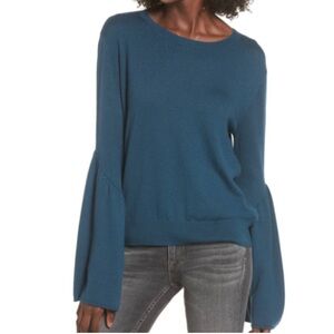 Leith Womens Teal Crew Neck Bell Sleeve Wool Blend Sweater Top Size M